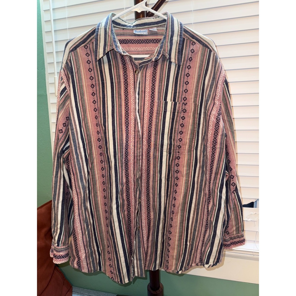 Backroad Blues 24W Southwestern Stripe Cotton Button Down Shirt Plus Size